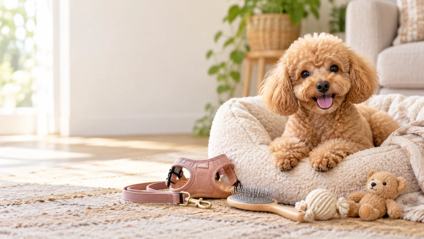 Apricot Toy Poodle relaxing in a soft bed beside a harness, grooming brush and toys