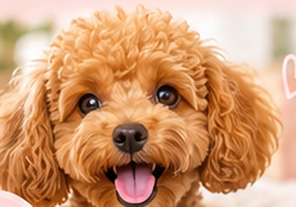 Happy apricot Toy Poodle relaxing at home