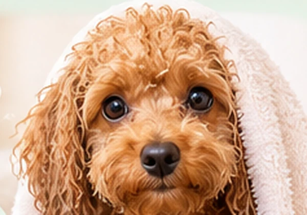 Apricot Toy Poodle wrapped in a towel after grooming