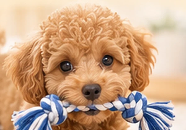 Apricot Toy Poodle practising with a rope toy
