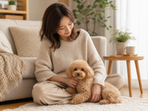 Toy Poodle owner sitting calmly on a rug beside a sofa, gently holding her apricot Toy Poodle in a warm, cozy living room.