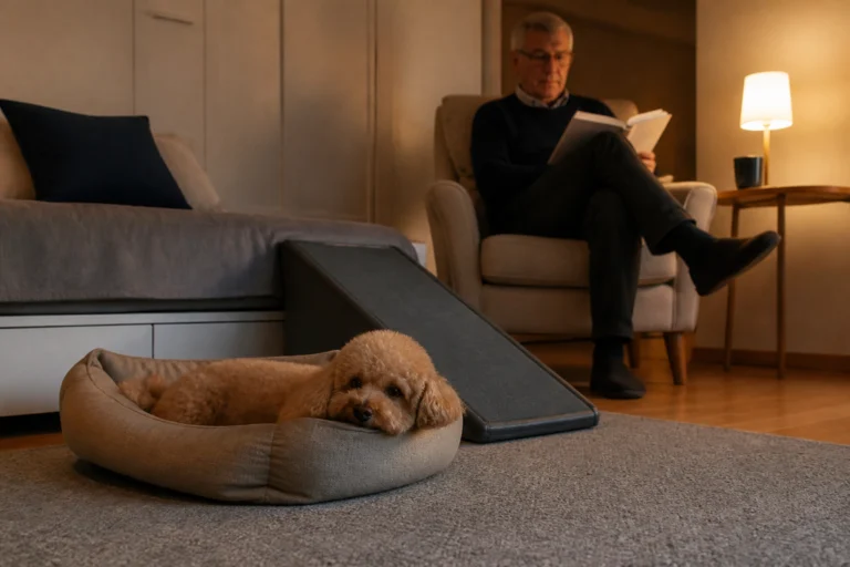 Apricot Toy Poodle resting in a floor-level bed during a calm evening at home