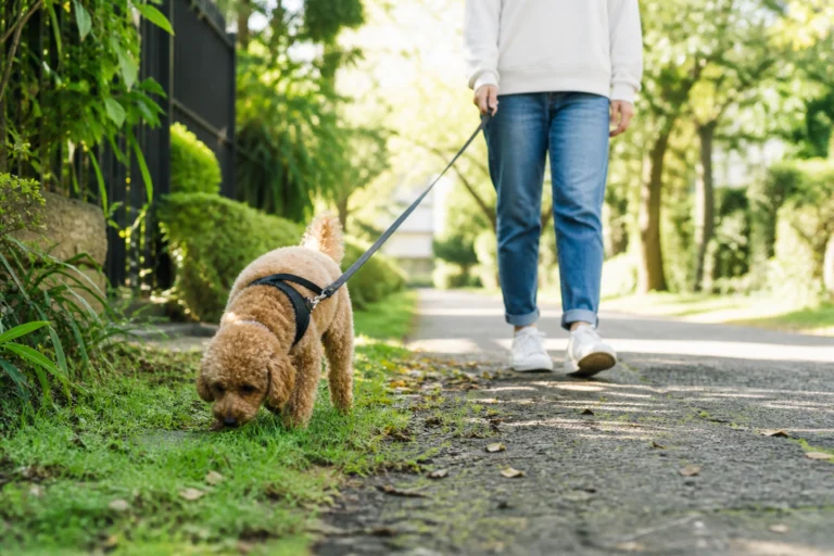 Apricot Toy Poodle enjoying a relaxed sniffing break during a walk
