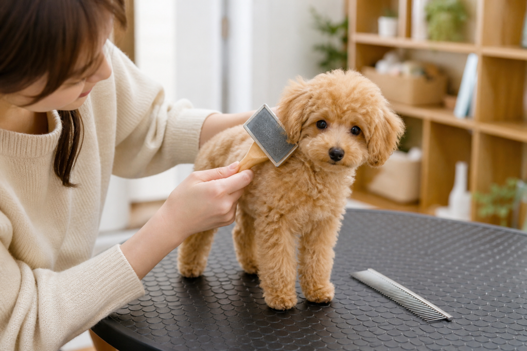 Owner gently brushing a Toy Poodle puppy on a non-slip mat at home