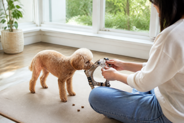 Apricot Toy Poodle voluntarily placing its nose into a harness during calm indoor training