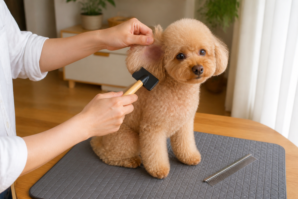 Owner gently brushing behind an apricot Toy Poodle’s ear with a small slicker brush
