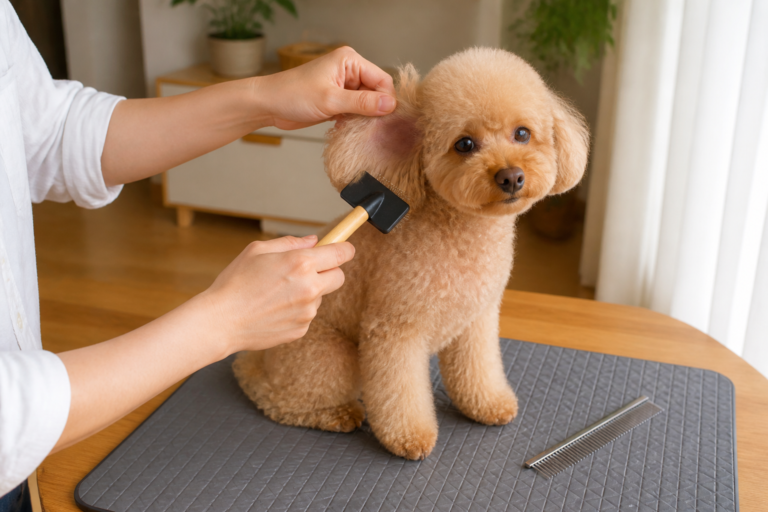 Owner gently brushing behind an apricot Toy Poodle’s ear with a small slicker brush