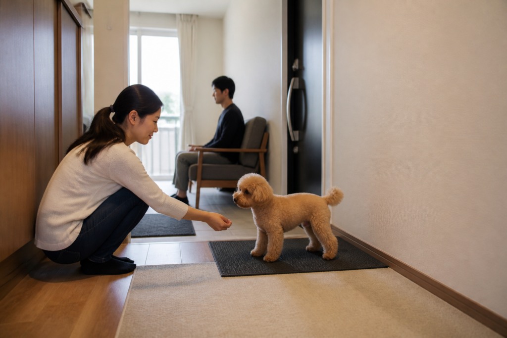 Toy Poodle being rewarded on a mat while a guest sits quietly away from the entrance