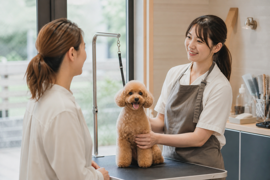 Toy Poodle owner discussing a first groom with a professional groomer
