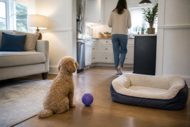 Toy Poodle calmly watching its owner move into another room