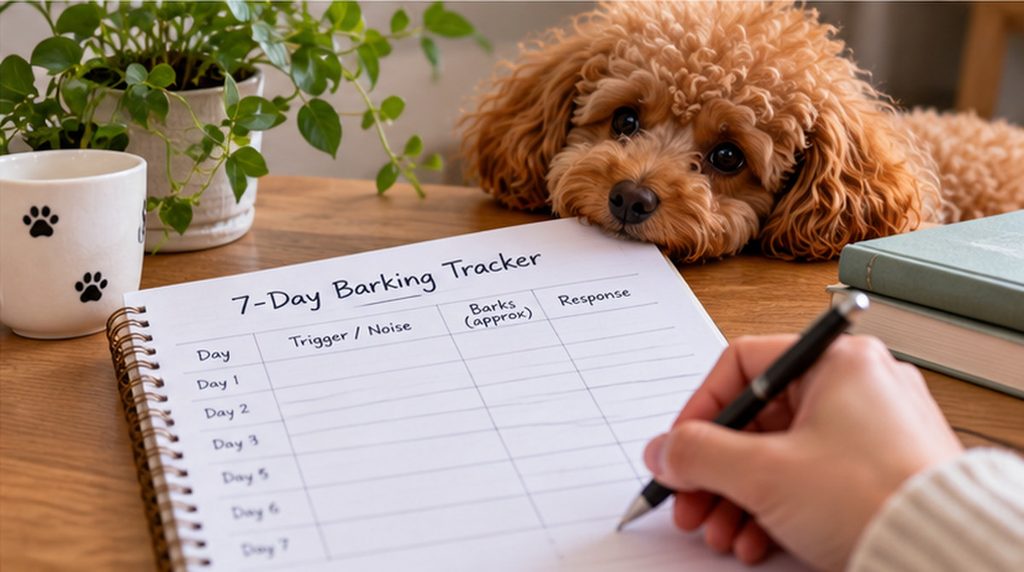Owner recording noise triggers and barking responses in a seven-day Toy Poodle training tracker.