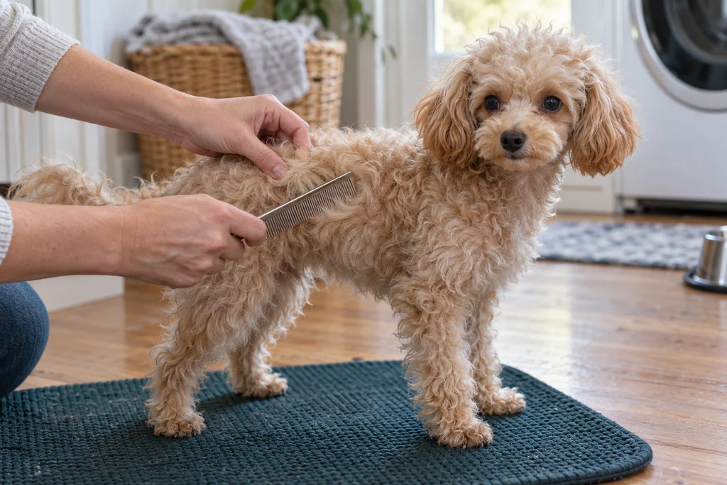 Adolescent apricot Toy Poodle standing on a mat while an owner gently combs its curly coat at home.