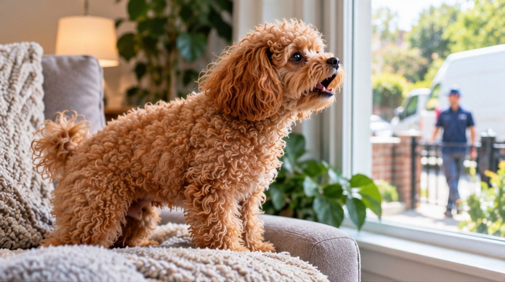 Apricot Toy Poodle barking at a noise outside the living room window.