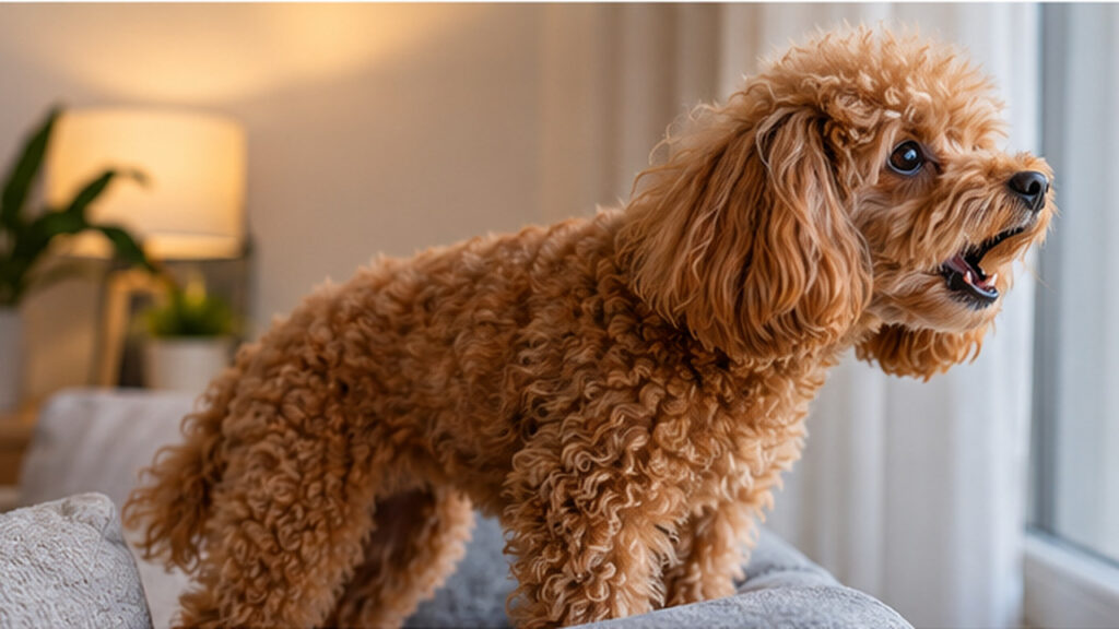 Apricot Toy Poodle barking at a noise outside the living room window.