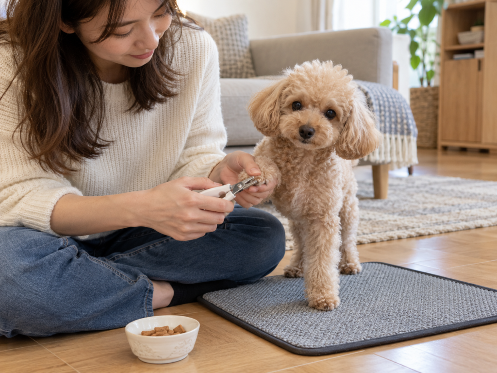 Owner gently practising Toy Poodle nail trimming at home while the dog stands calmly on a non-slip grooming mat.