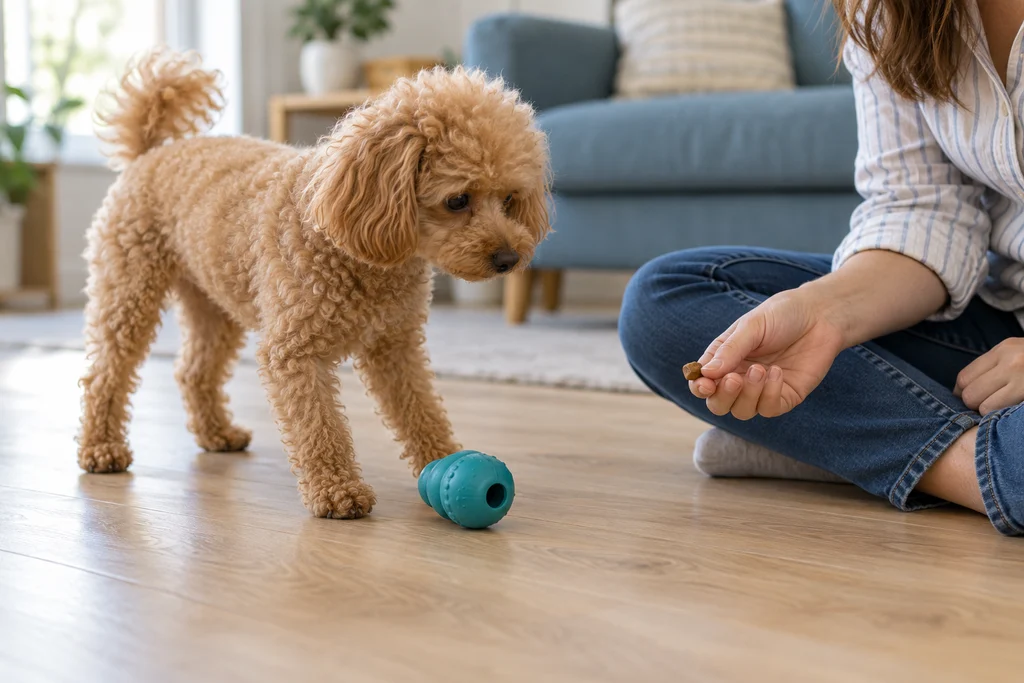 Owner teaching an apricot Toy Poodle to drop something using a toy for treat exchange.