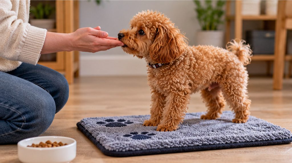 Toy Poodle practicing a nose-to-hand touch with its owner on a training mat.