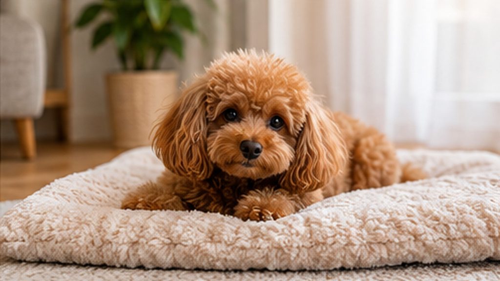 Toy Poodle relaxing in a comfortable resting spot looking forward