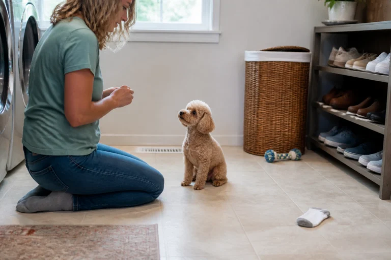 Apricot Toy Poodle checking in with an owner instead of approaching a staged sock during household training