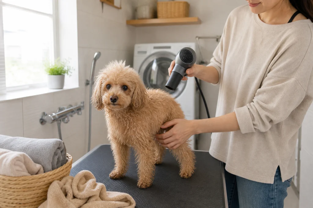 Owner drying an apricot Toy Poodle on a nonslip grooming surface after a bath