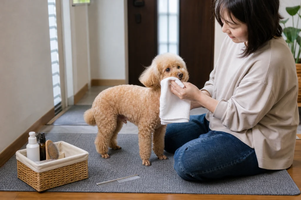 Owner gently blotting an apricot Toy Poodle's muzzle on a non-slip mat