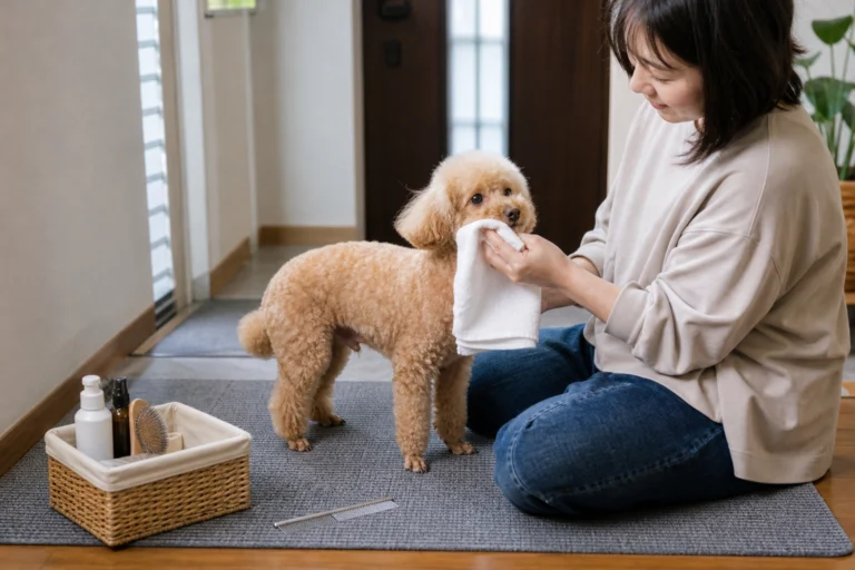 Owner gently blotting an apricot Toy Poodle's muzzle on a non-slip mat