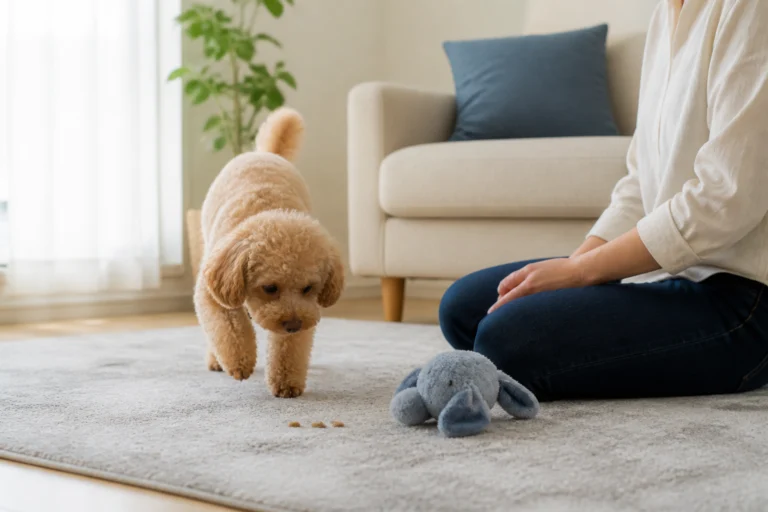 Apricot Toy Poodle leaving a soft toy to collect tiny rewards during drop-cue practice