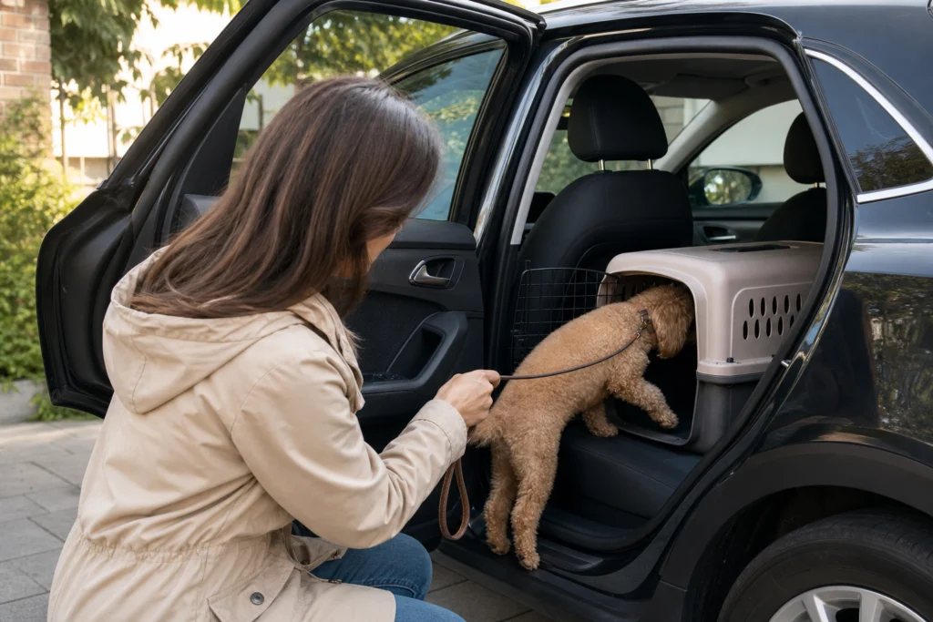 Apricot Toy Poodle being guided into a secured carrier on the rear seat of a parked car