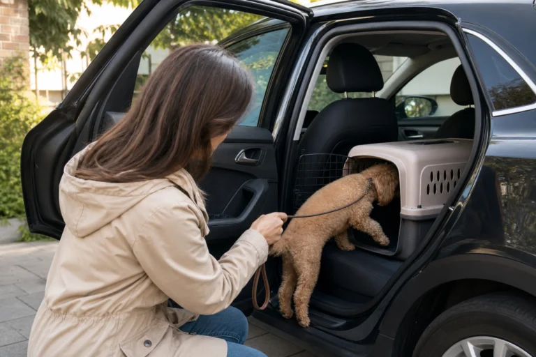 Apricot Toy Poodle being guided into a secured carrier on the rear seat of a parked car