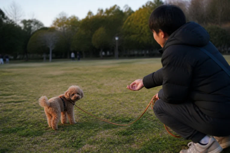 Adolescent Toy Poodle checking in with an owner during long-line exploration in a park