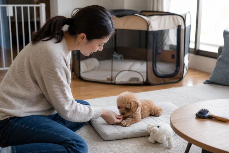 Apricot Toy Poodle being rewarded for settling on a mat during the first week home