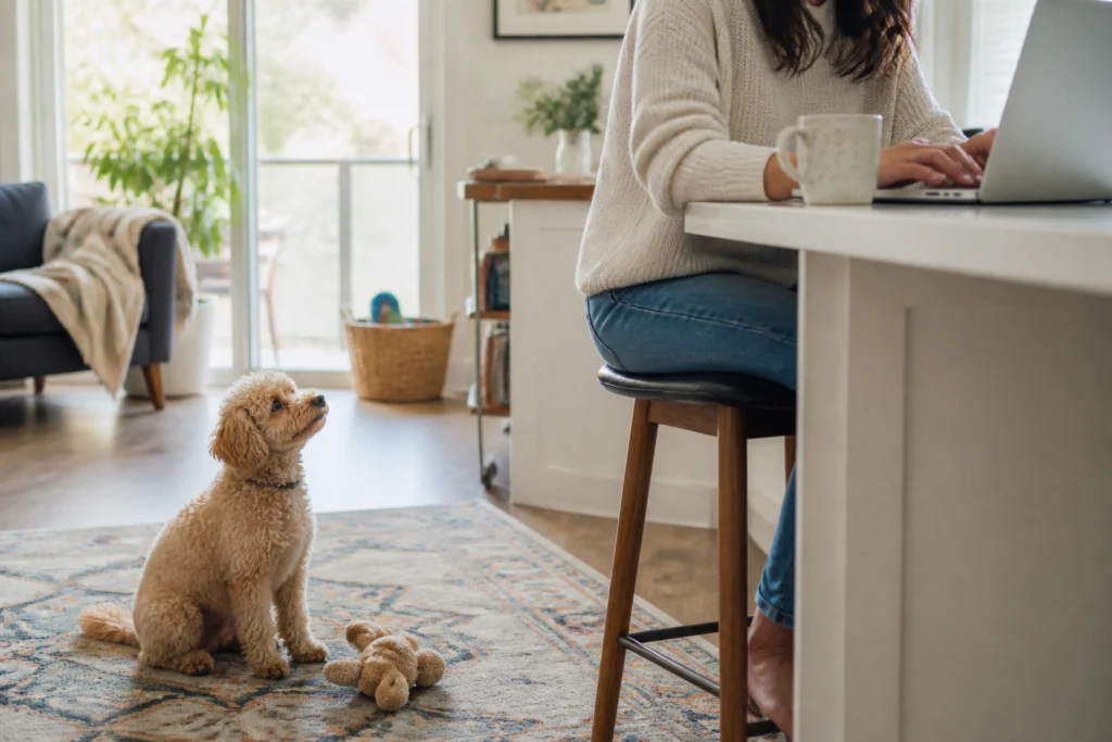 Relaxed apricot Toy Poodle looking at an owner working at a kitchen island